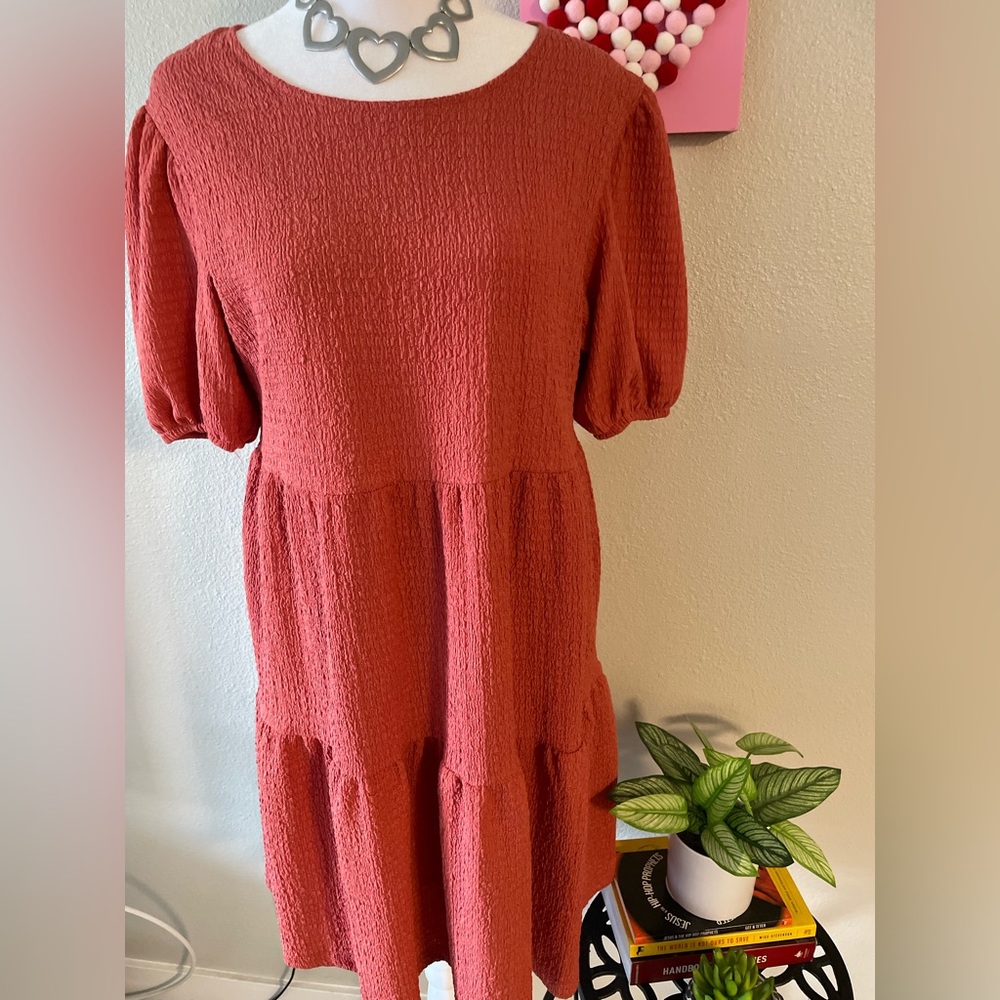 Crystal Doll Women’s Orange Tiered Fit & Flare Dress With Bell Sleeves -SZ L